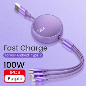 6A 100W 3in1 2in1 Fast USB Cable for Huawei/Honor Retractable Portable 3 in 1 Micro USB Type C Charger Cable For iPhone Samsung (Length: 1.2m, Color: Purple)