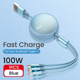 6A 100W 3in1 2in1 Fast USB Cable for Huawei/Honor Retractable Portable 3 in 1 Micro USB Type C Charger Cable For iPhone Samsung (Length: 1.2m, Color: Blue)